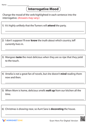 Converting Verbs into Interrogative Mood Worksheets