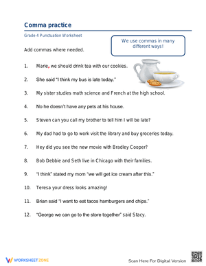 Excel with Comma Practice: Writing Skills Worksheets