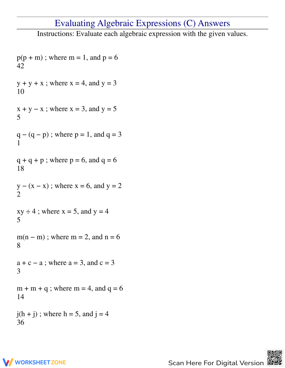 Evaluate Variable Expressions Worksheets 5th Grade