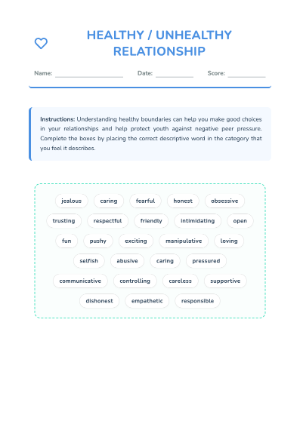 Healthy vs. Unhealthy Relationships Worksheet - Boundaries