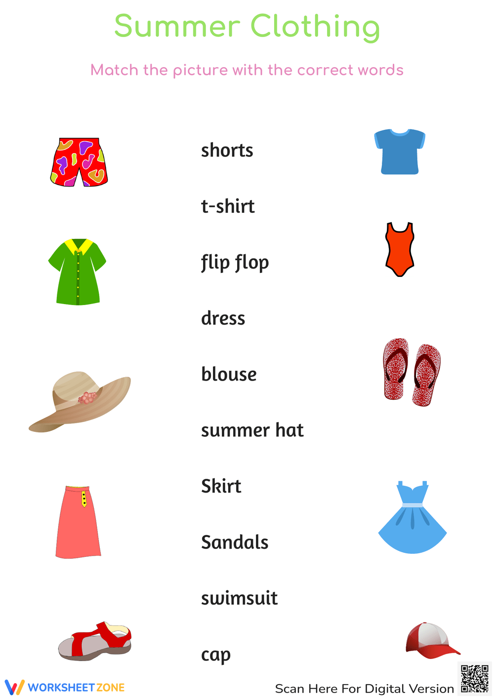 Summer Clothes ESL Matching Exercise Worksheet For Kids