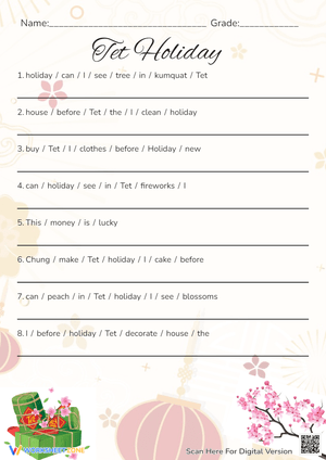 Grade 2 Sentence Scramble — Printable Tet Holiday Worksheet