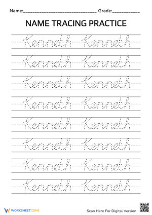 Cursive Name Tracing for 'Kenneth' Worksheets