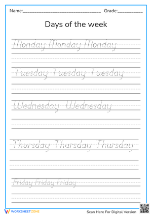 Days of the Week Cursive Worksheet | Grade 2 Printable