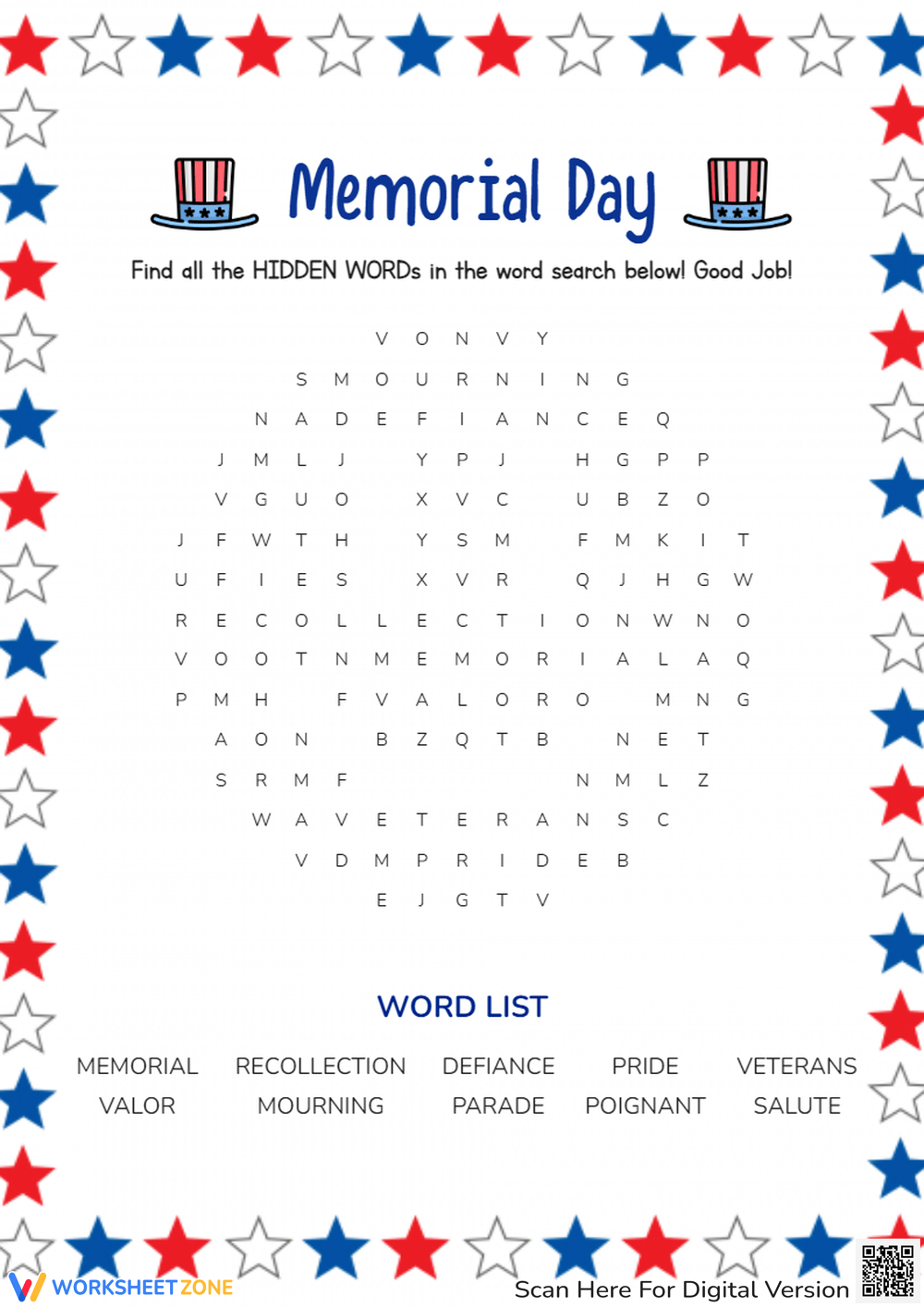 Memorial Day Word Search Game Worksheet