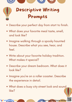 Descriptive Writing Prompts: Printable Grade 4 ELA Worksheets