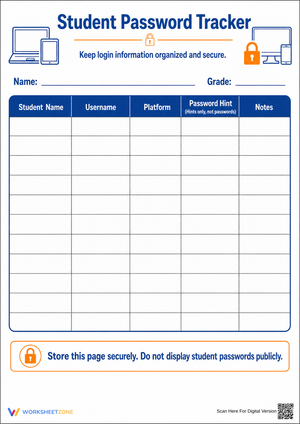 Essential Student Password Tracker | Printable Organizer Worksheets