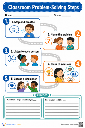 Classroom Problem-Solving Steps | Essential Grade 2-6 Guide Worksheets