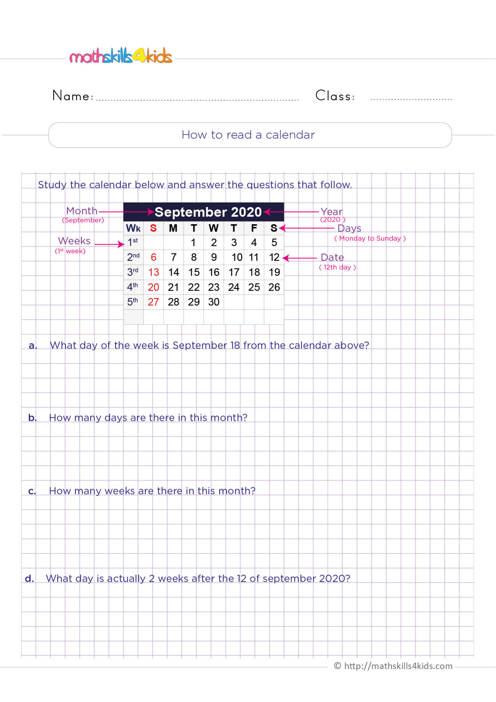 How to read a calendar Worksheet Zone