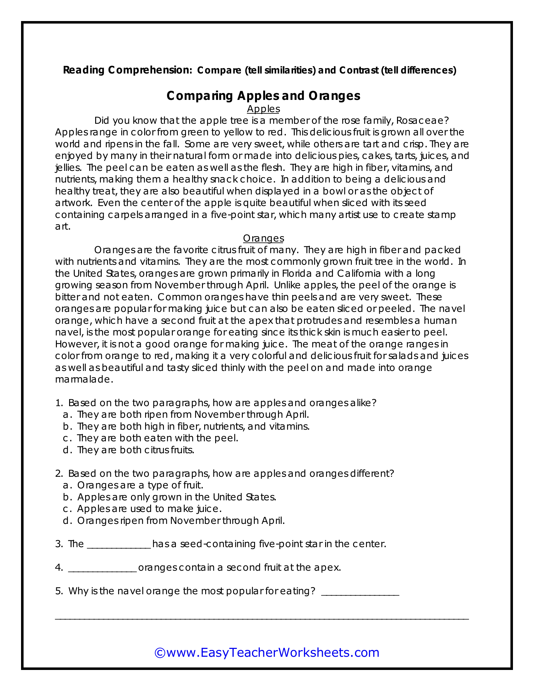 Comparing Apples and Oranges Worksheet Zone