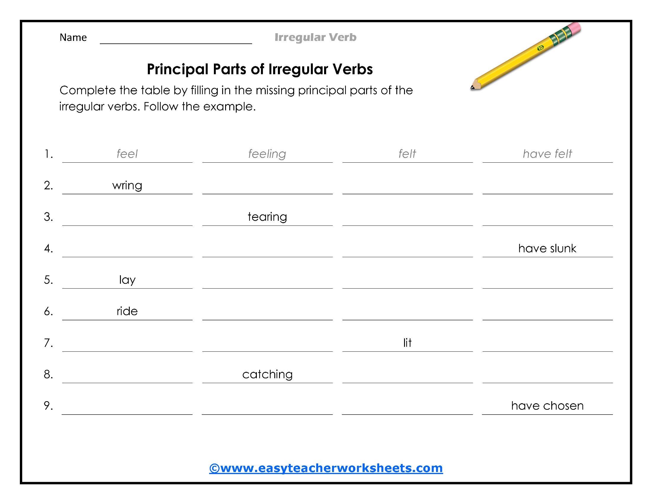 Principal Parts Of Irregular Verbs Worksheet Zone