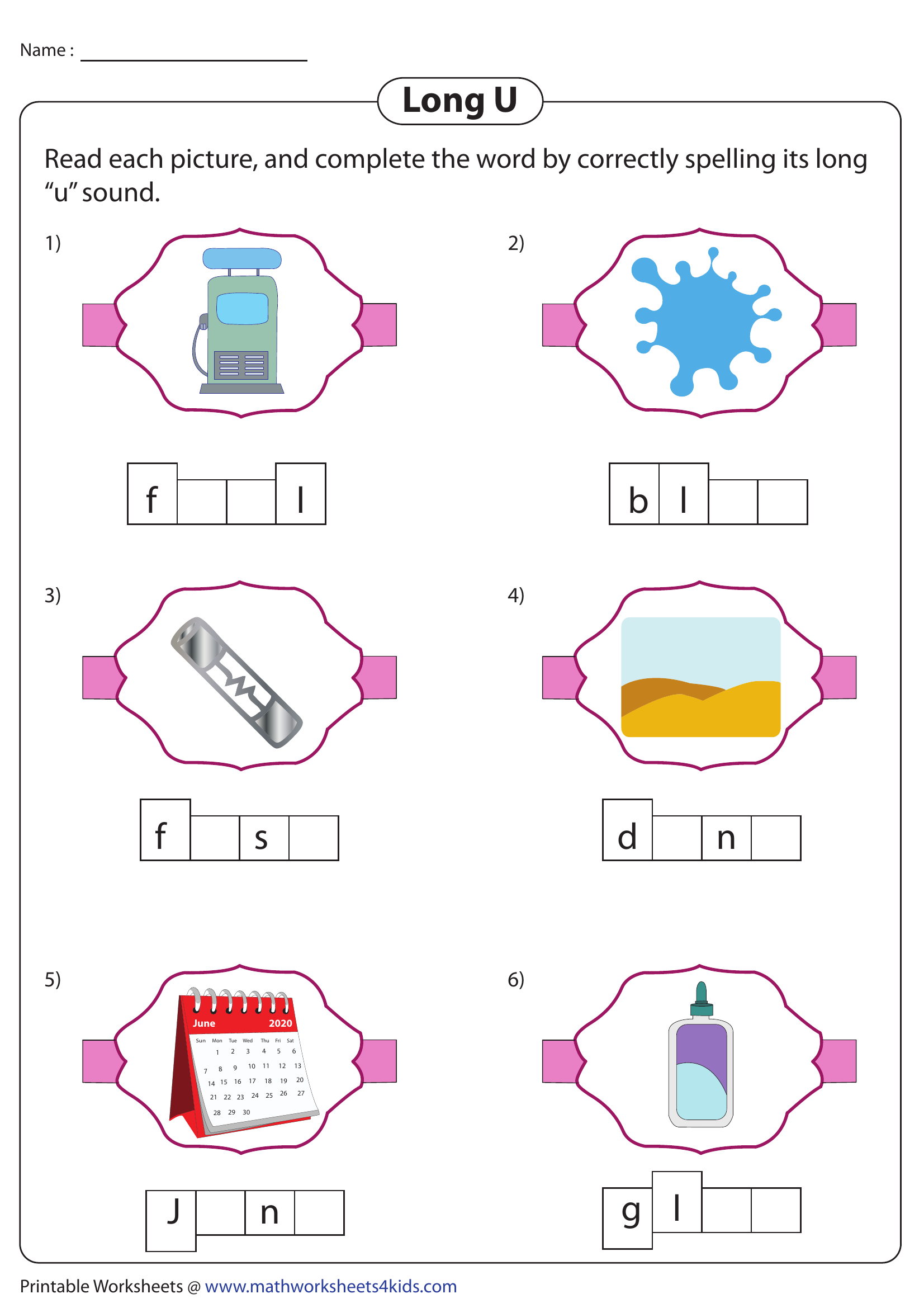 Completing Long U Names of Pictures | Worksheet Zone