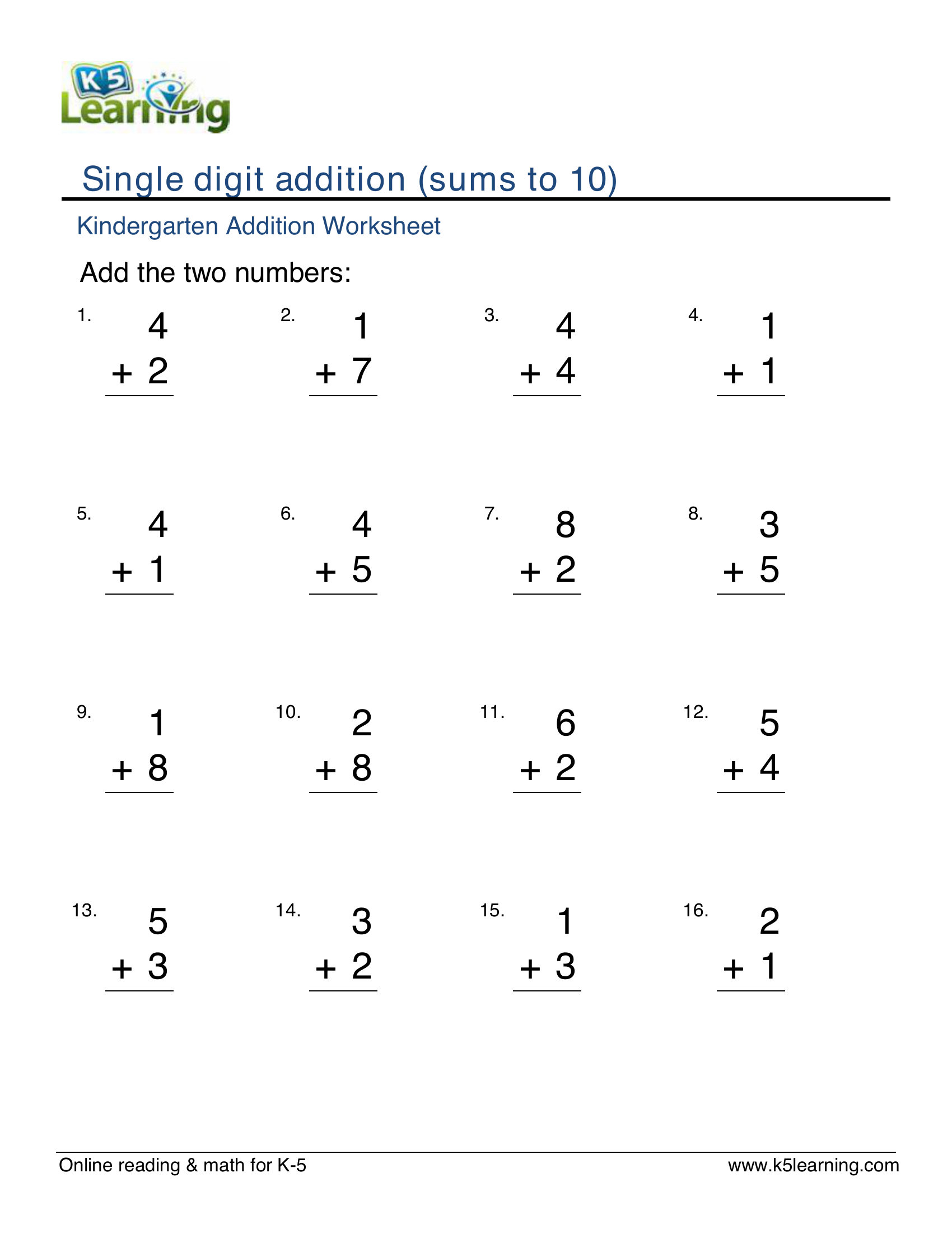 Simple addition - sums to 20 | Worksheet Zone
