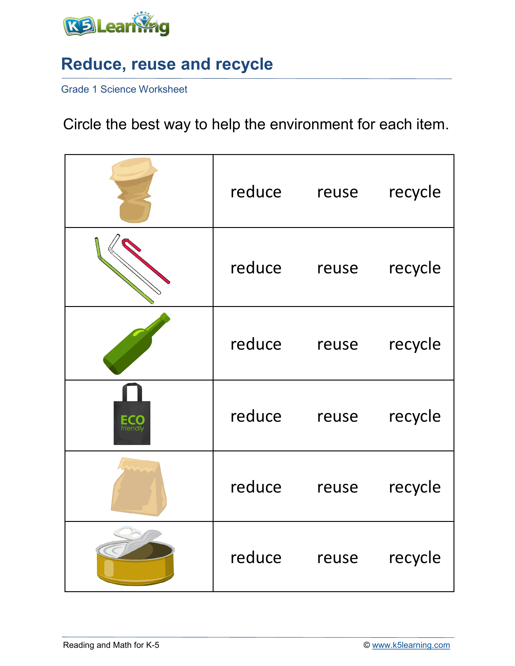 Reduce, reuse or recycle to preserve resources | Worksheet Zone