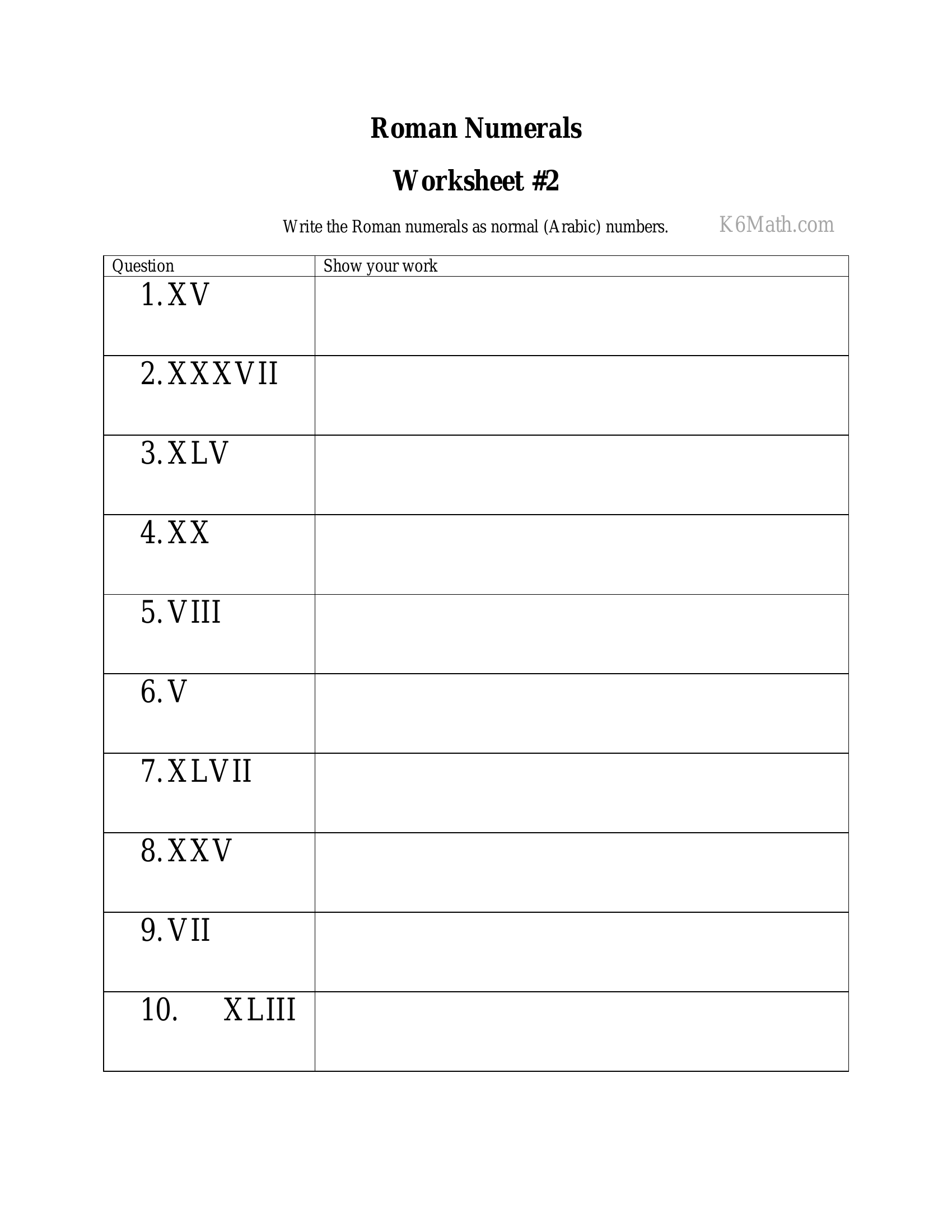 Roman Numerals 2 | Worksheet Zone