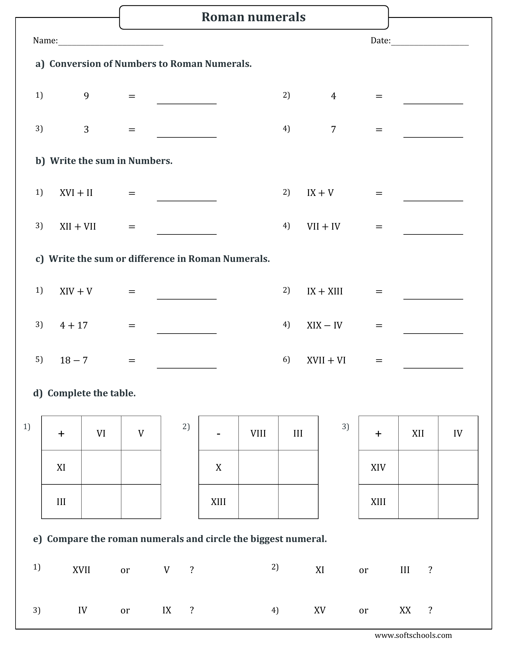 Roman Numerals Addition And Subtraction Worksheet