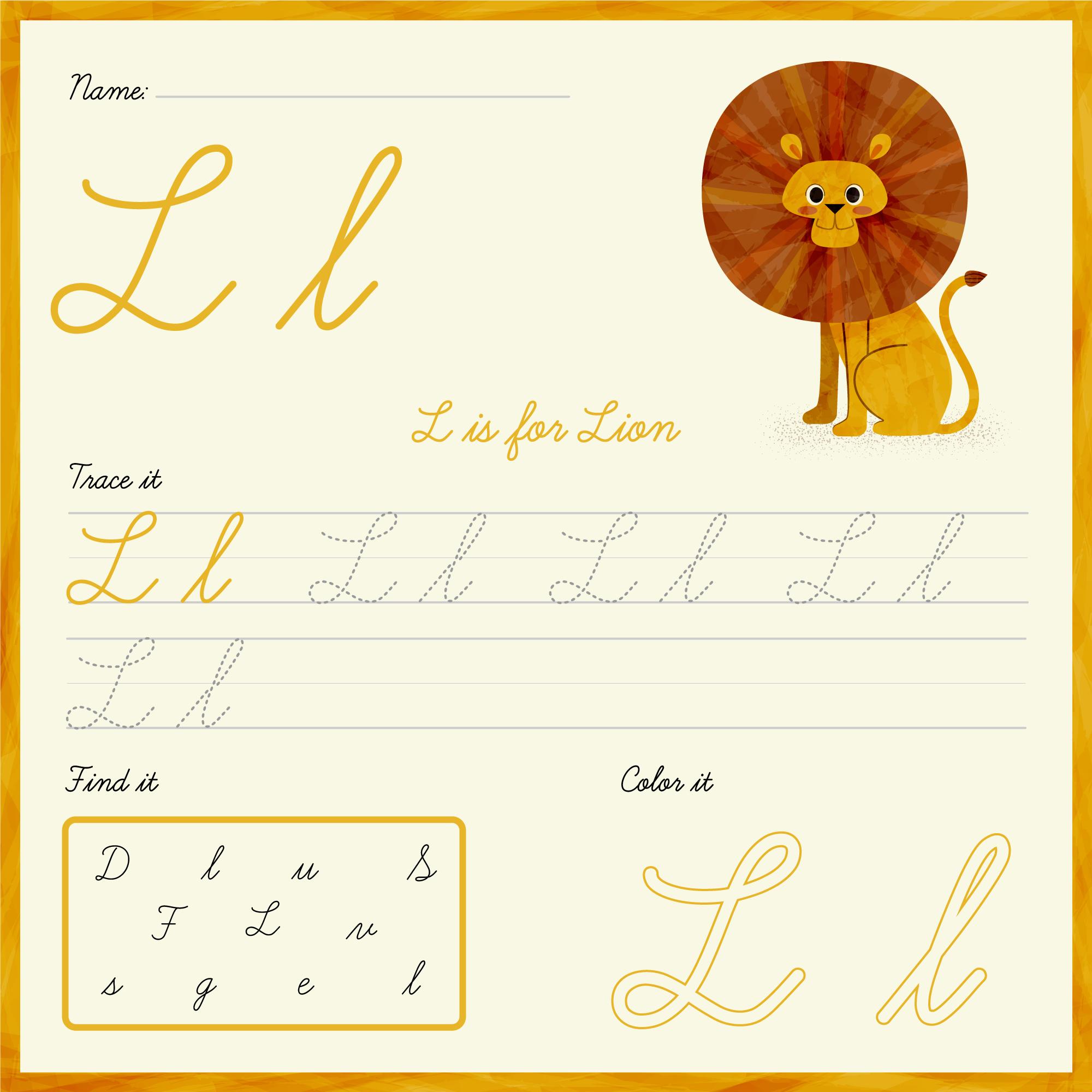 Trace, find, and color the cursive letter L | Worksheet Zone