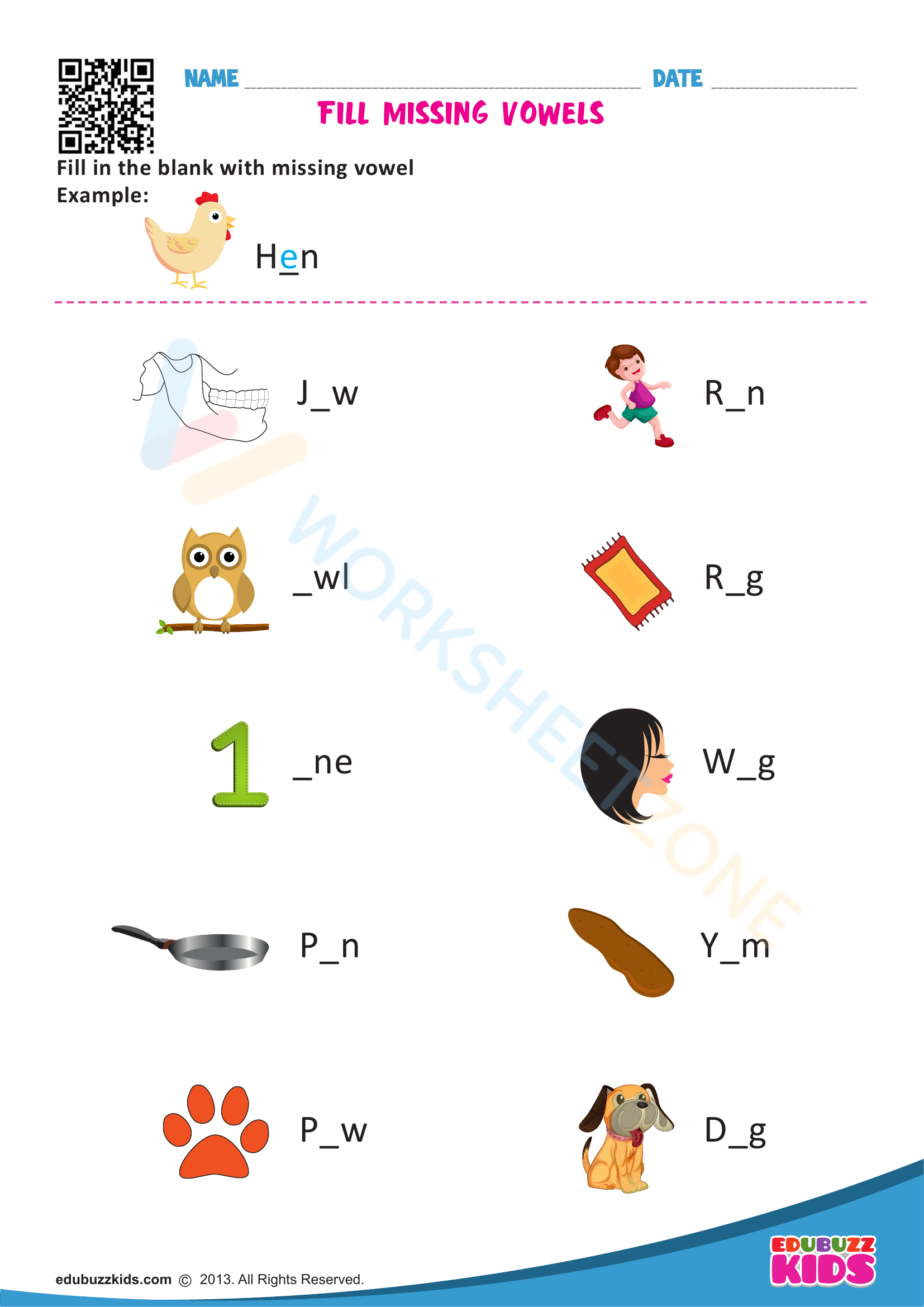 Fill missing vowels Worksheet Zone