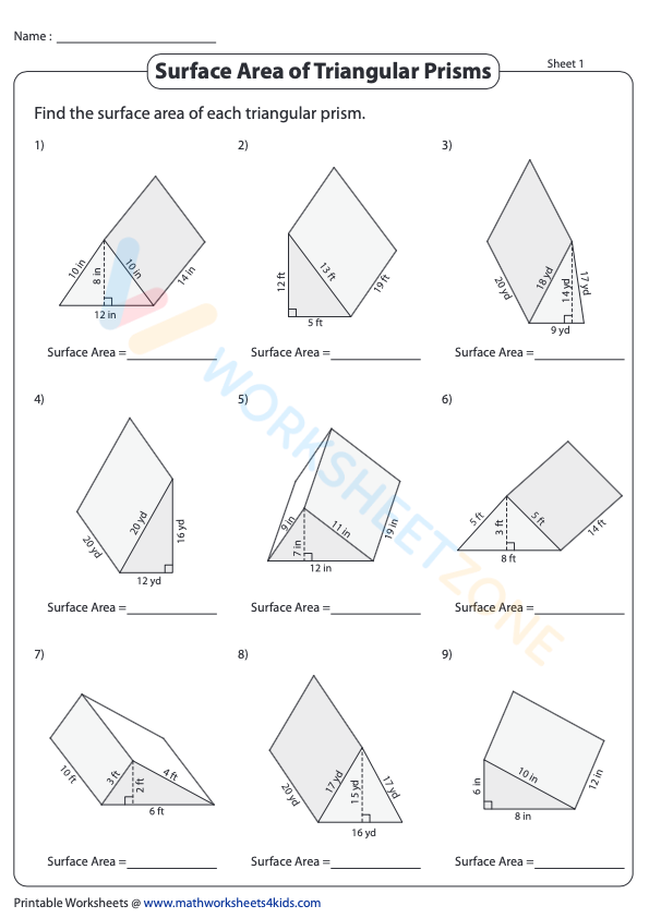 Surface Area Of A Triangular Prism 1 Worksheet Zone 