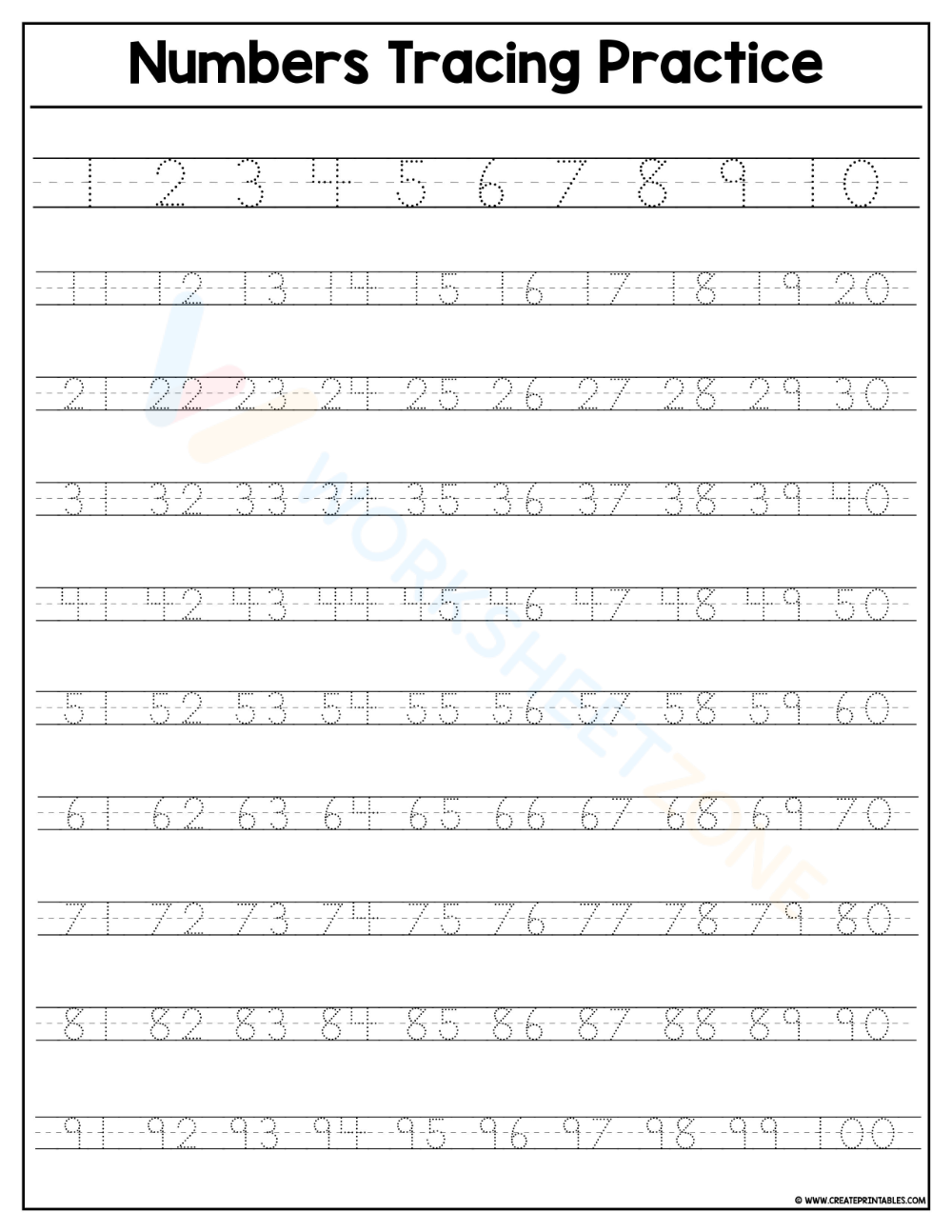 Numbers Handwriting Practice Worksheet From 1 To 100 Worksheet Zone