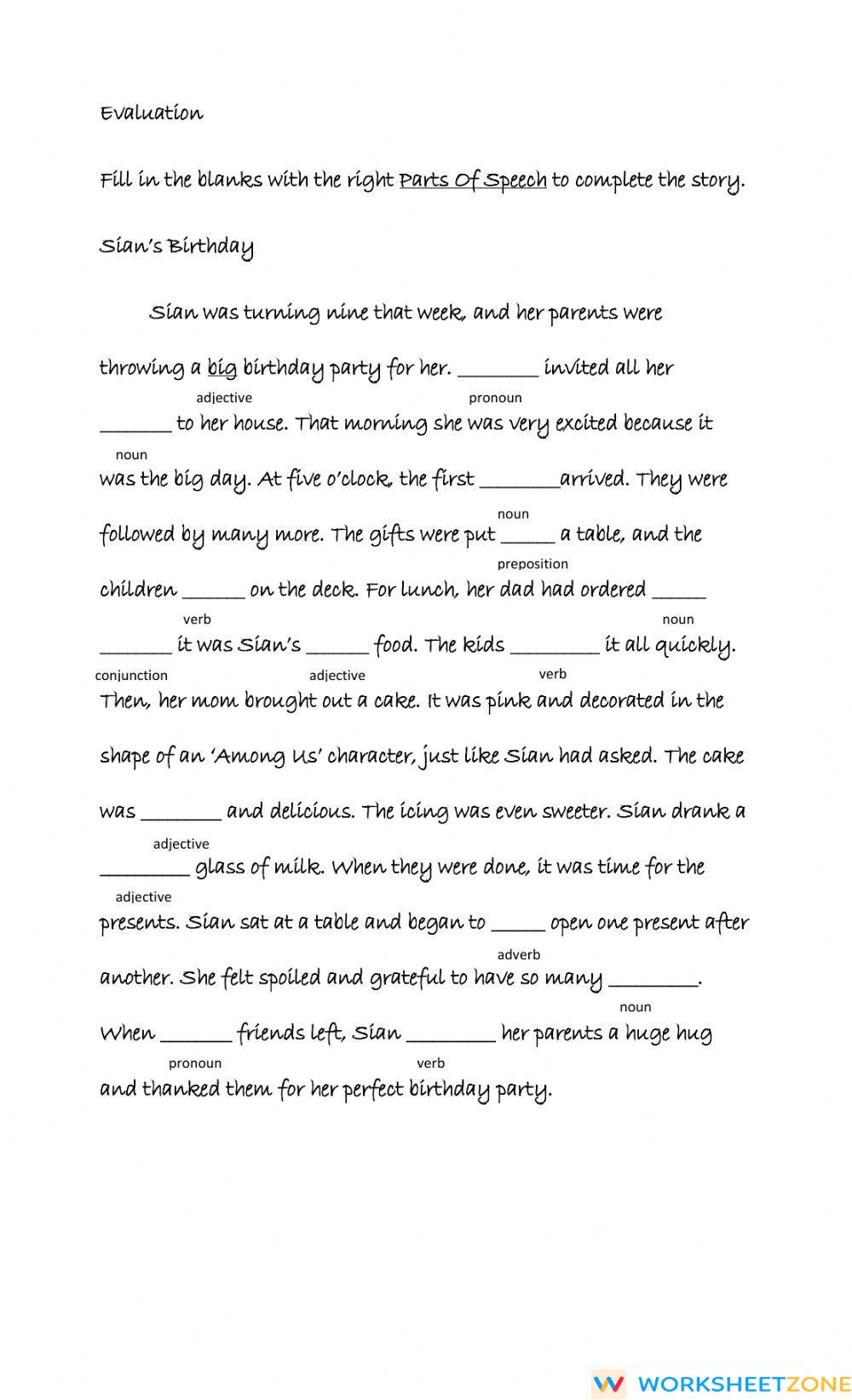 Parts of Speech Worksheet Zone