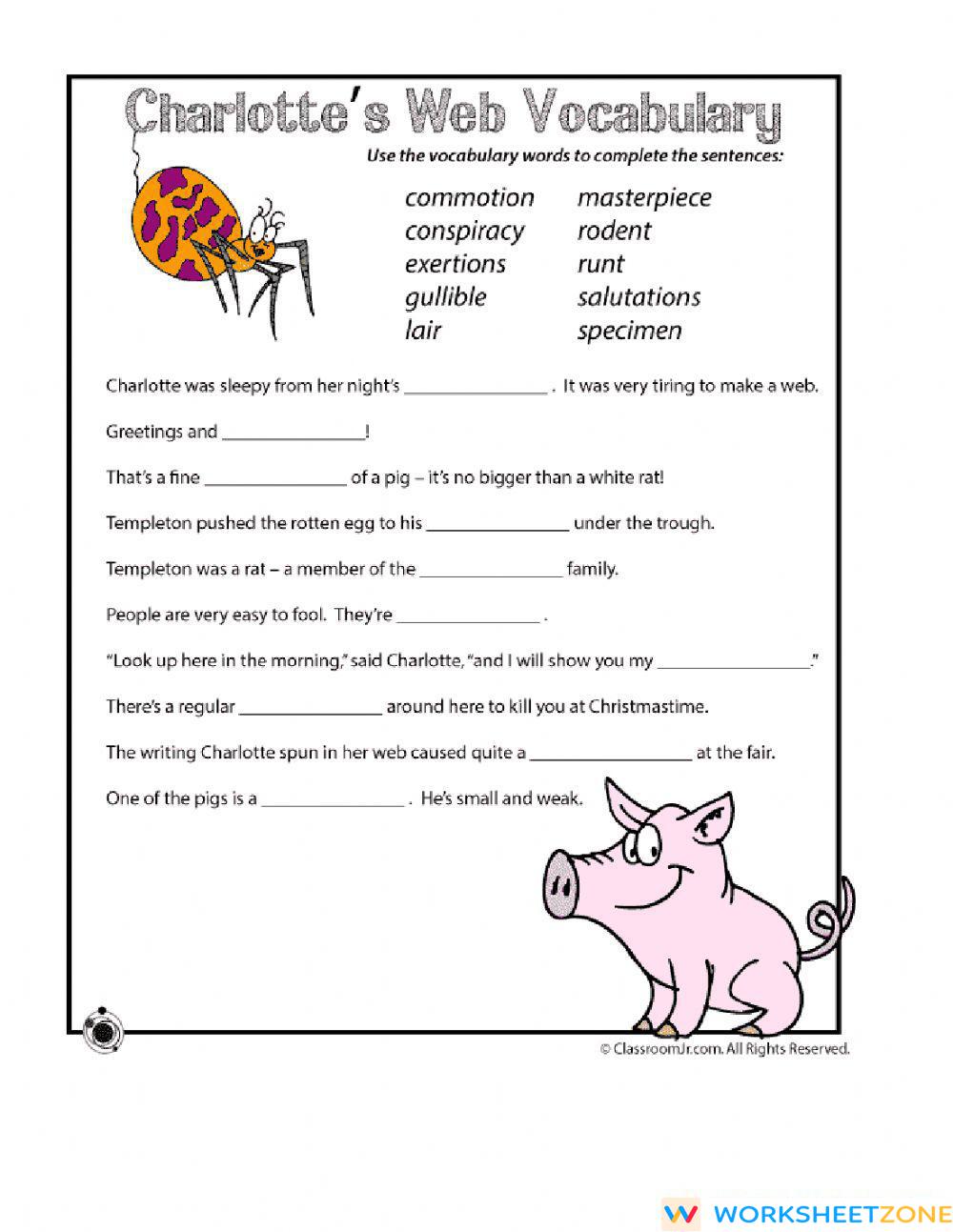 Charlotte's Web Vocabulary | Worksheet Zone