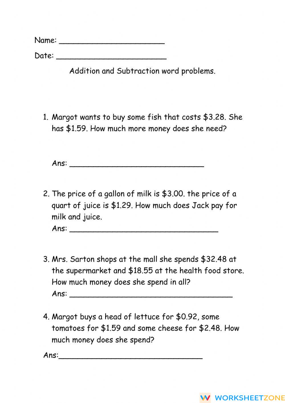 Addition And Subtraction Word Problems Worksheet Zone