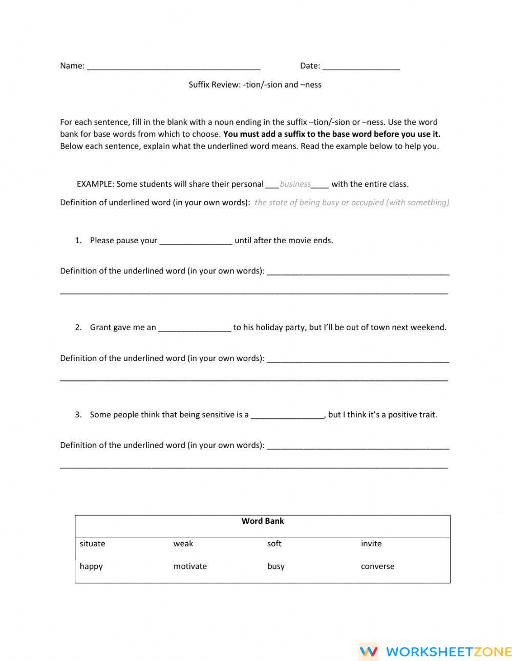 Suffix -tion -sion -ness Practice | Worksheet Zone