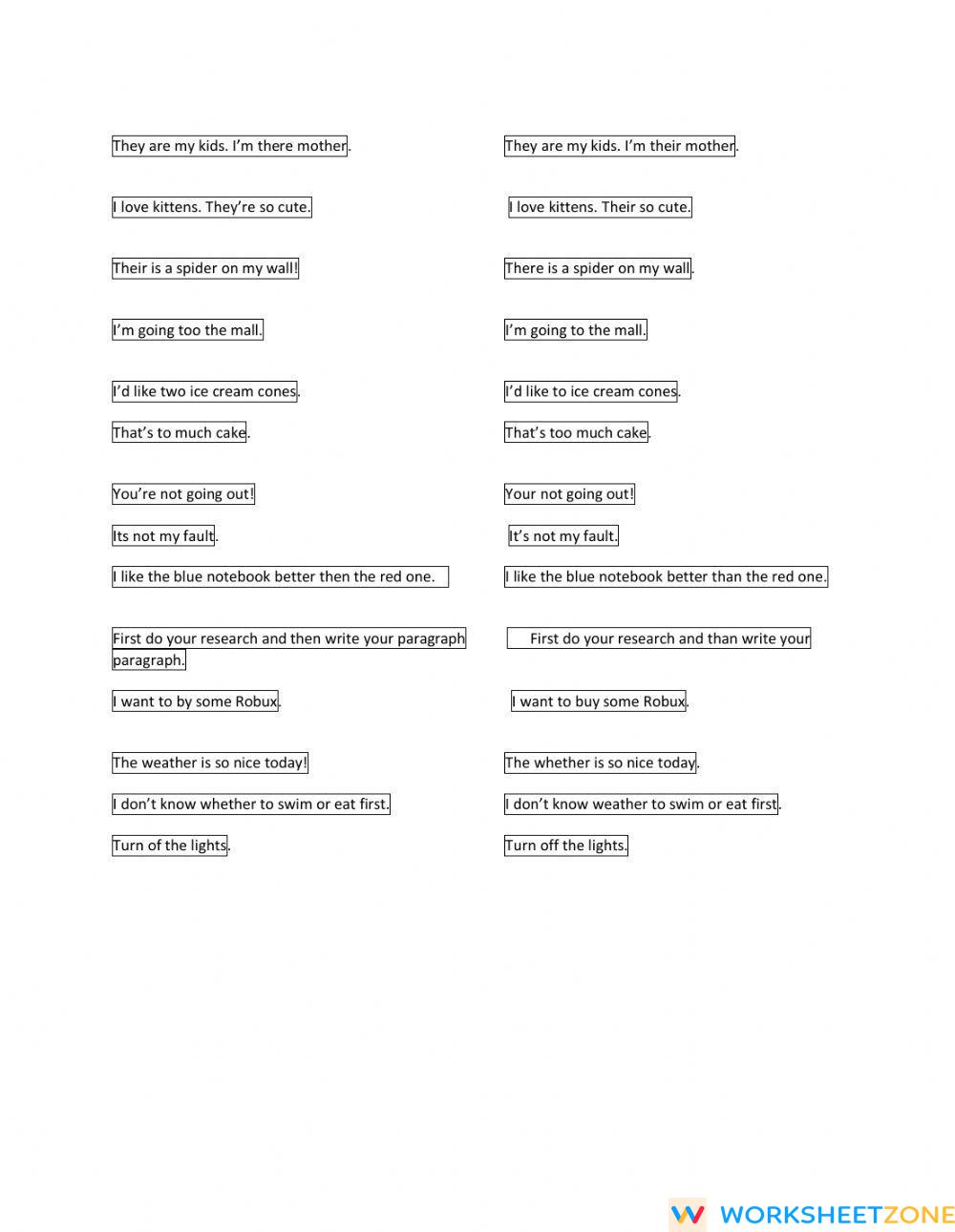 Homophones | Worksheet Zone