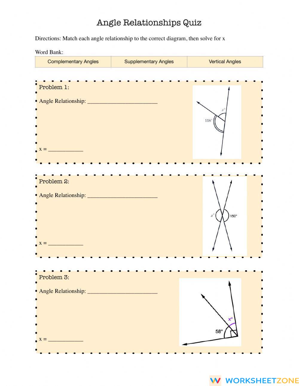 Angle Relationships Quiz | Worksheet Zone