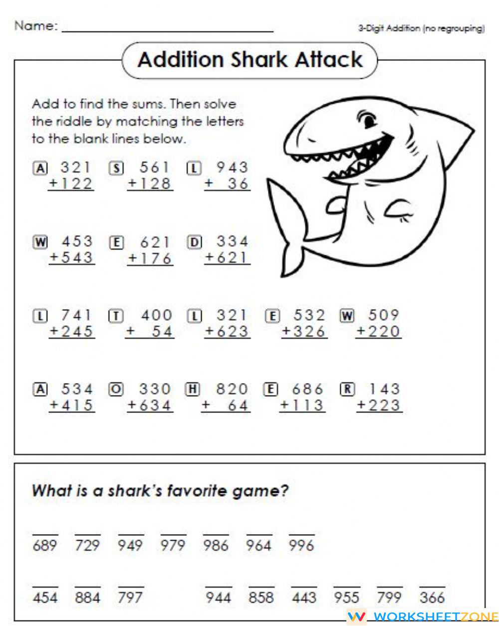 Shark Addition | Worksheet Zone