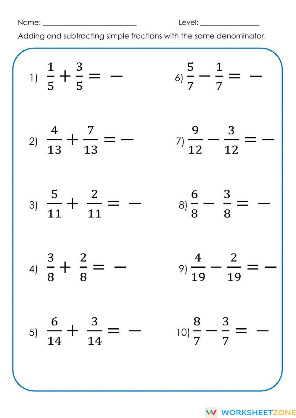 addition-and-subtraction-of-fractions-worksheet-zone