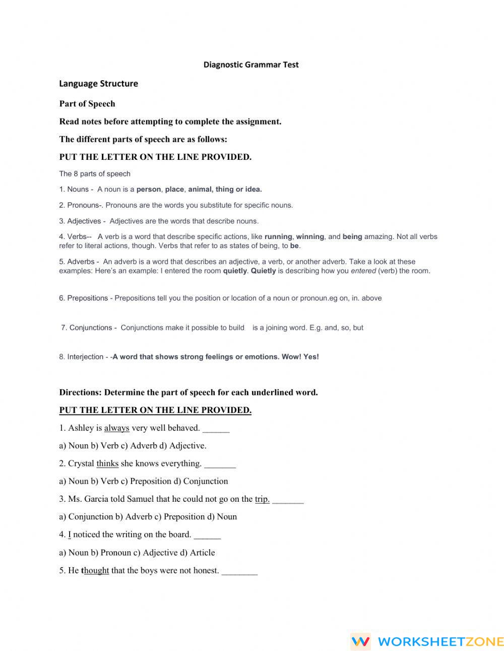 Diagnostic Test | Worksheet Zone