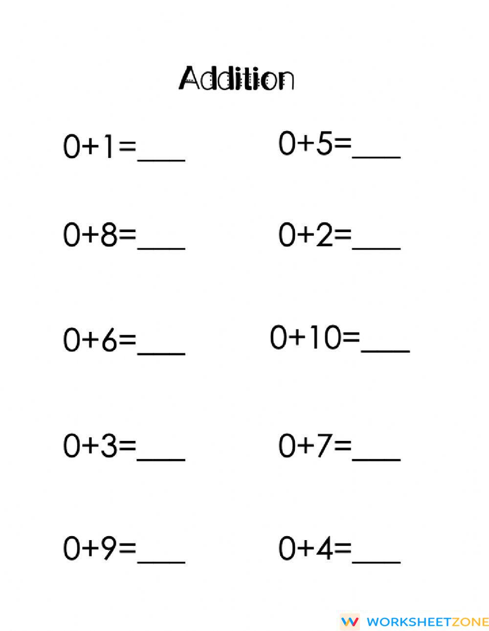 Addition with zero 3 | Worksheet Zone