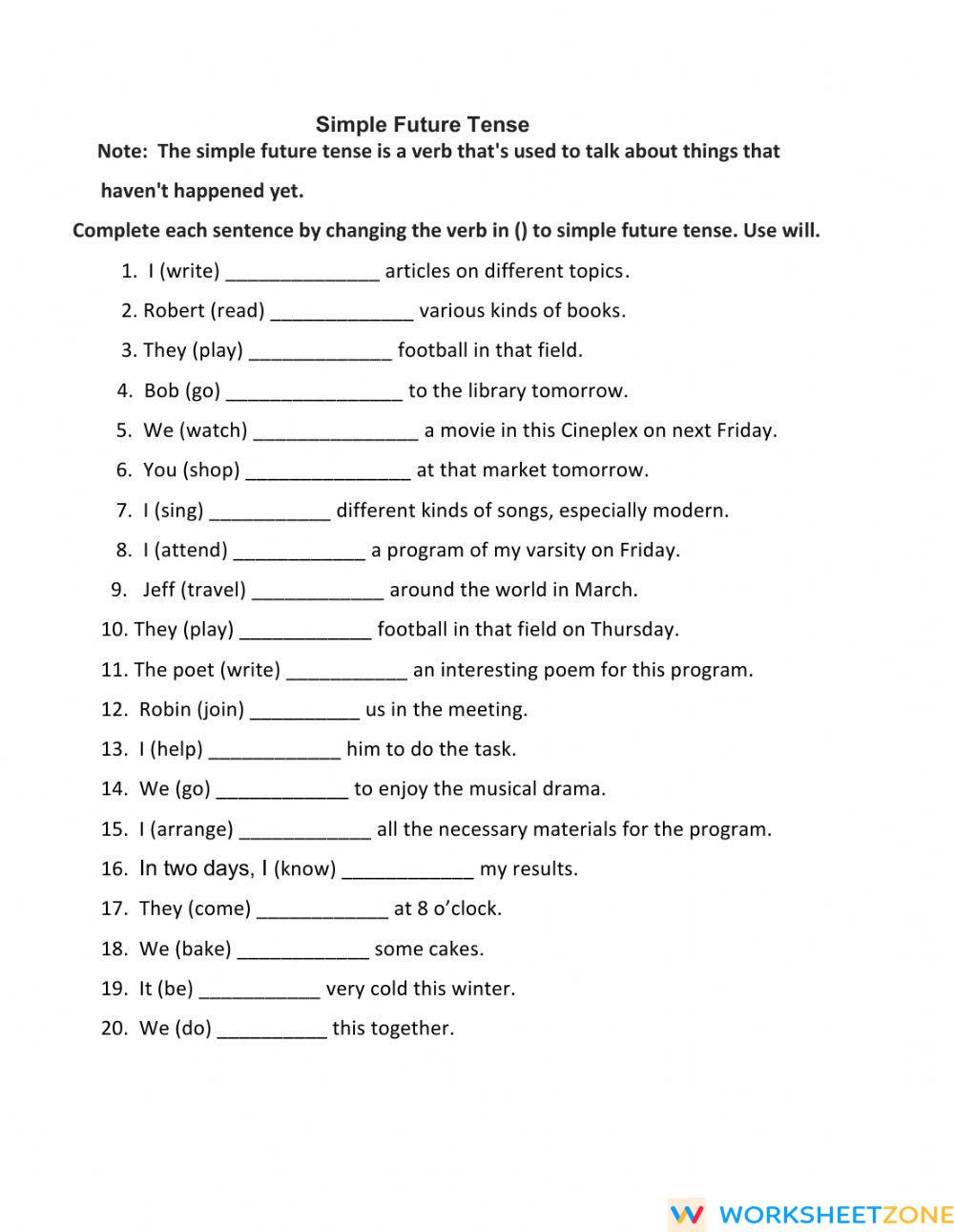 Simple Future Tense Worksheet Zone