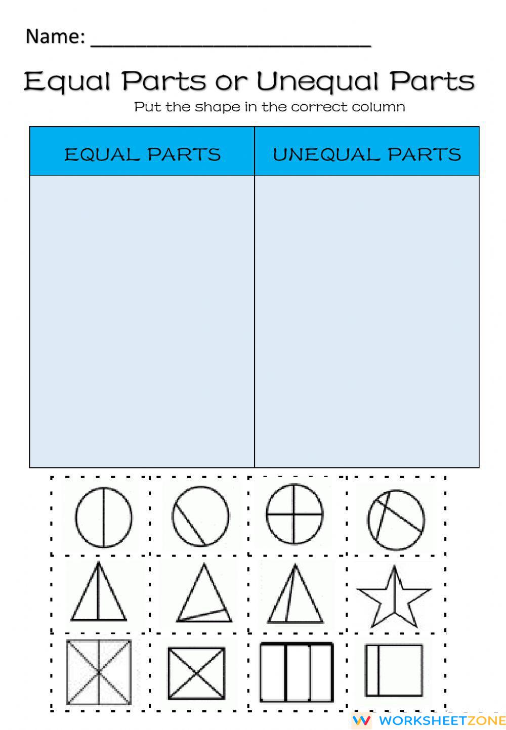 Equal and Unequal Parts Worksheet Zone