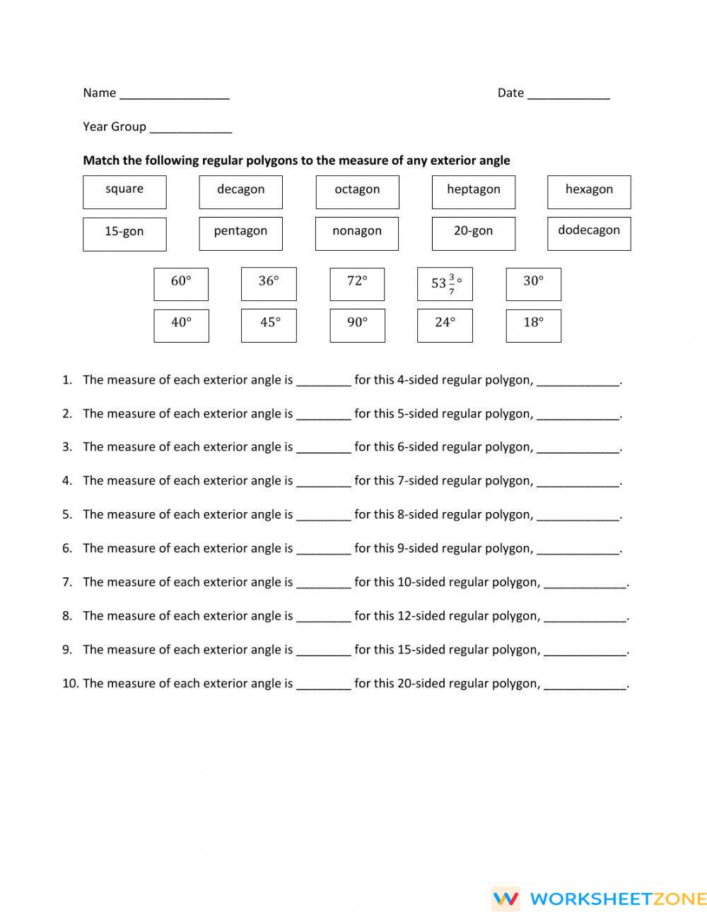 Exterior Angles Of Regular Polygons Worksheet Zone
