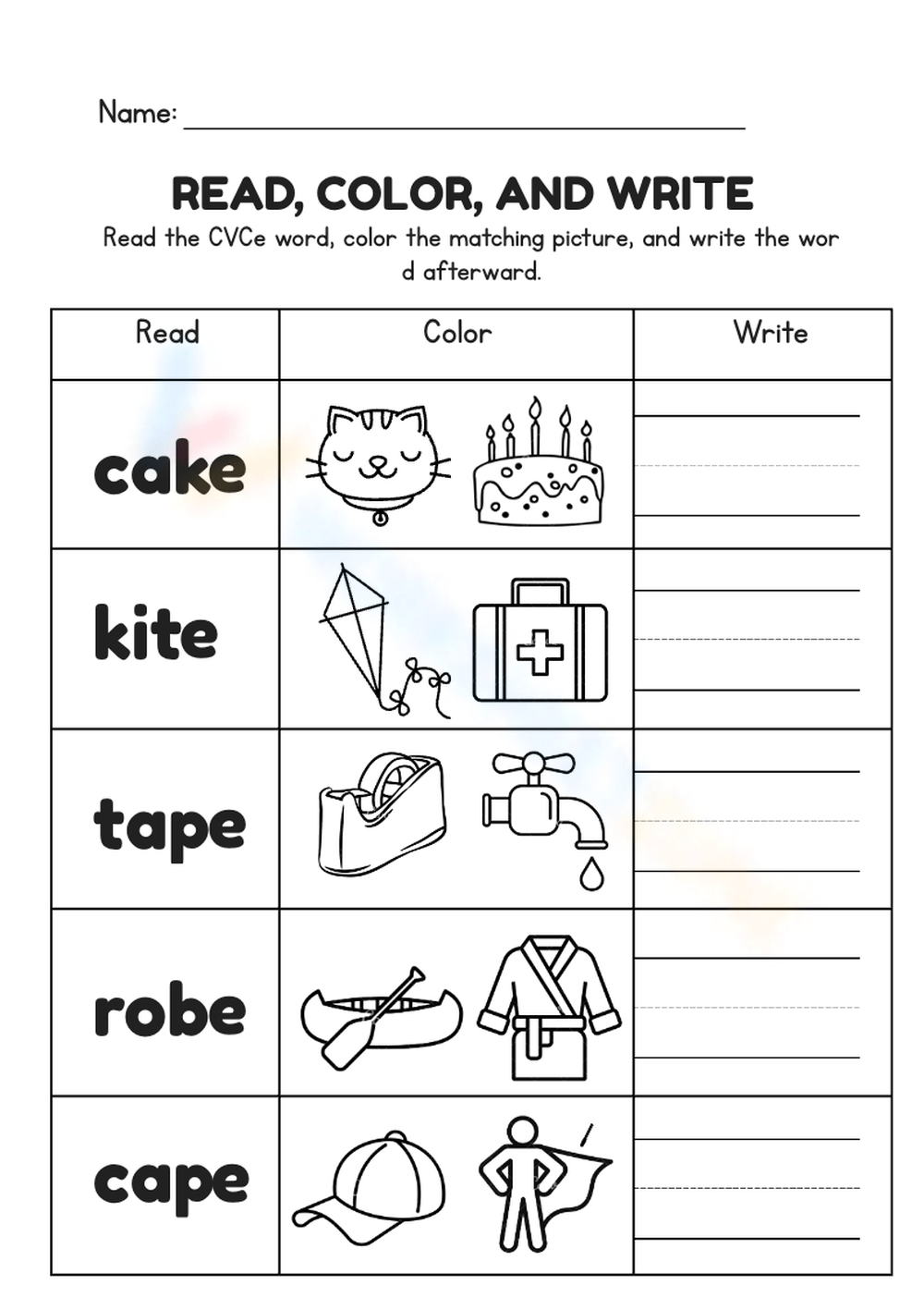 CVCe Read, Color, And Write #1 Reading Worksheet Worksheet