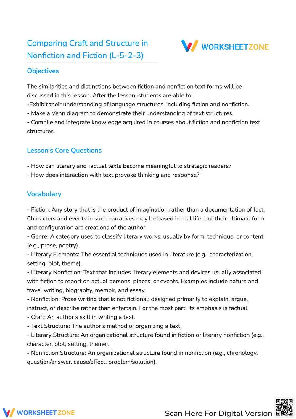 Comparing Craft And Structure In Nonfiction And Fiction (L523) Worksheet