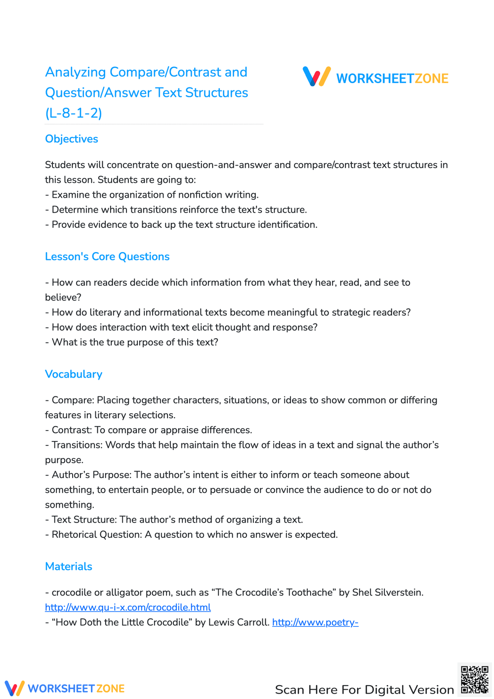 Analyzing Compare/Contrast And Question/Answer Text Structures (L-8-1-2 ...