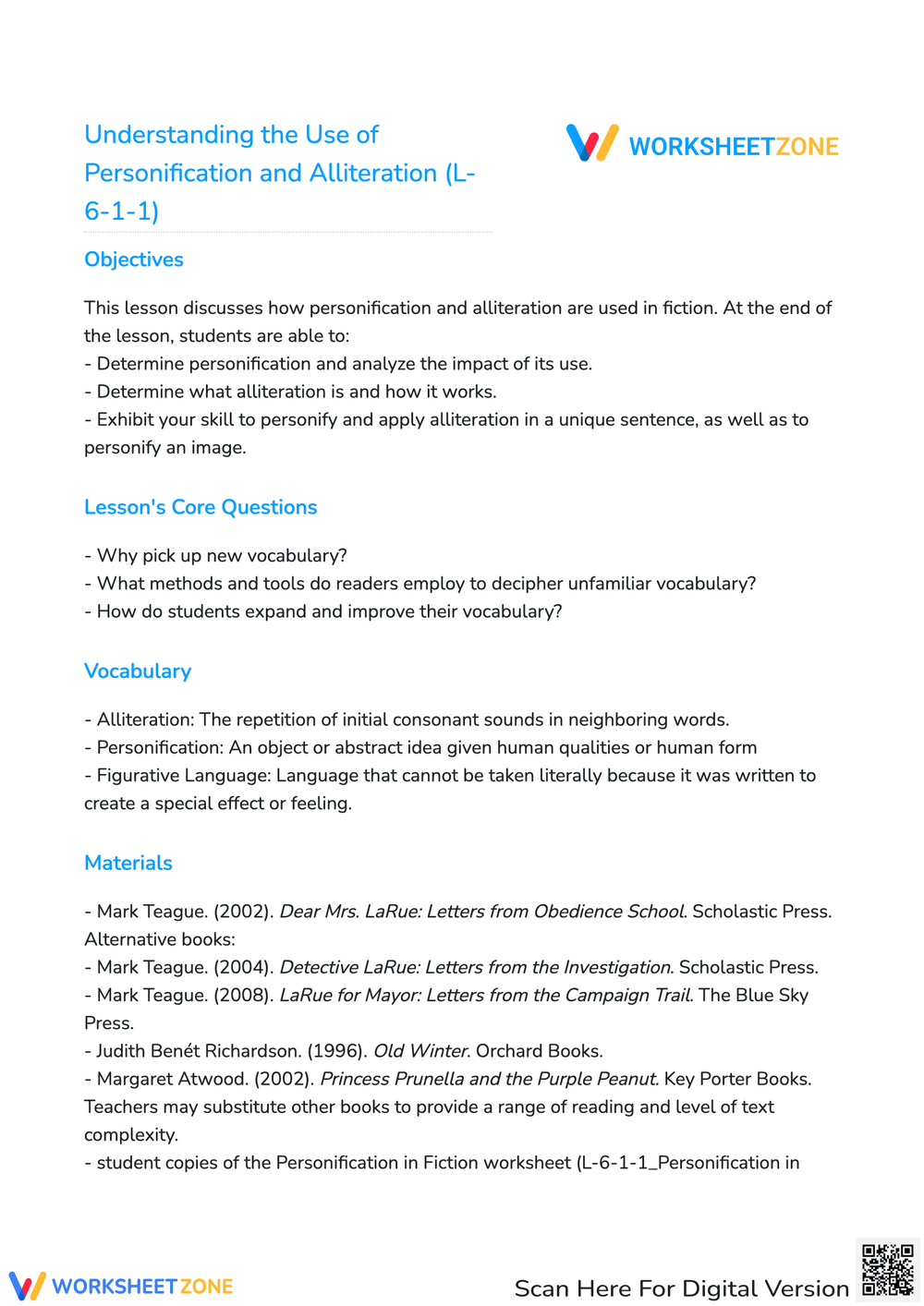 Understanding The Use Of Personification And Alliteration (L611) Lesson Plan