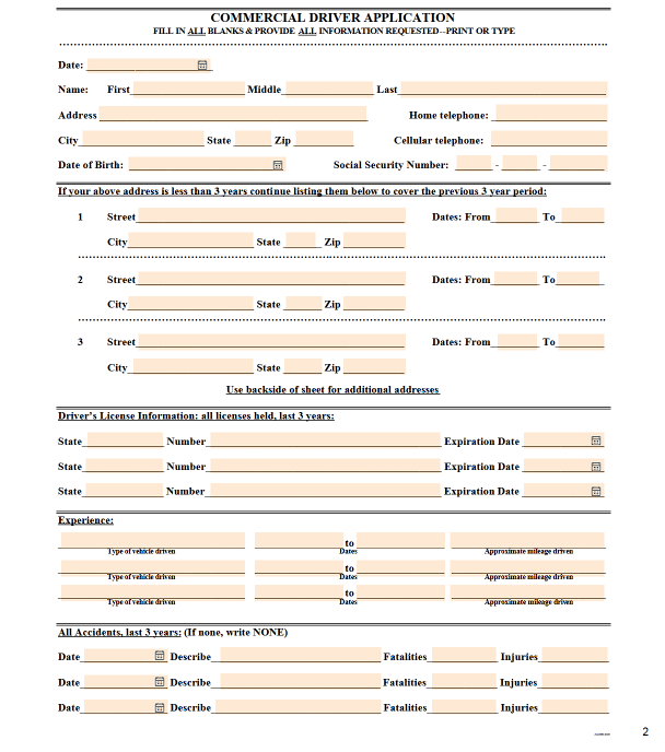Printable DOT Driver Application Form