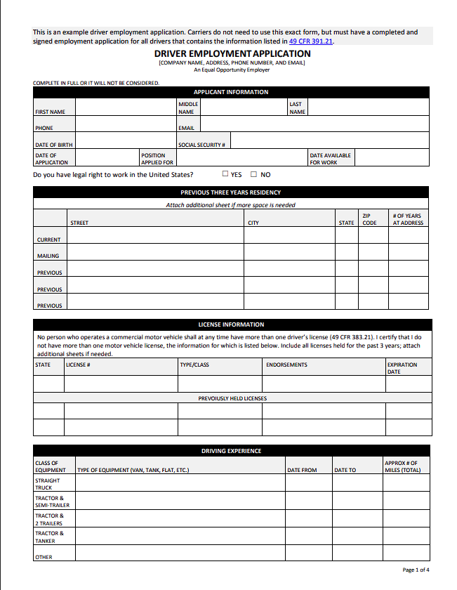 FMCSA Driver Employment Application