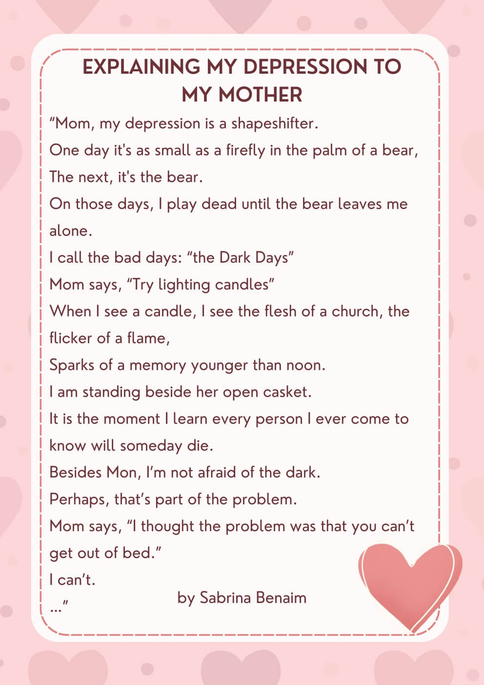 Explaining my depression to my mother by Sabrina Benaim