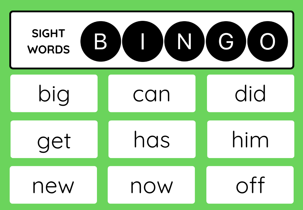 sight words bingo card
