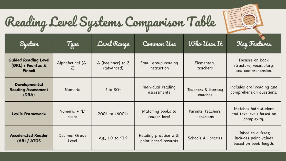 Reading level systems comparison table