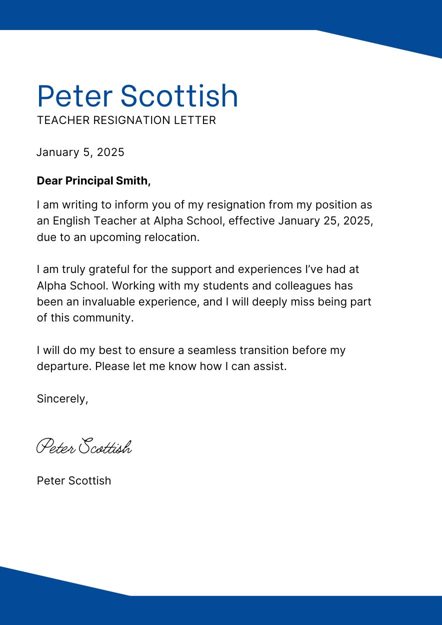 Resignation Due to Relocation