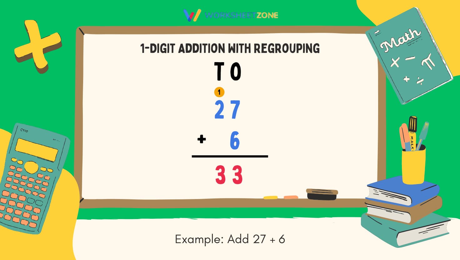 1-digit addition with regrouping example