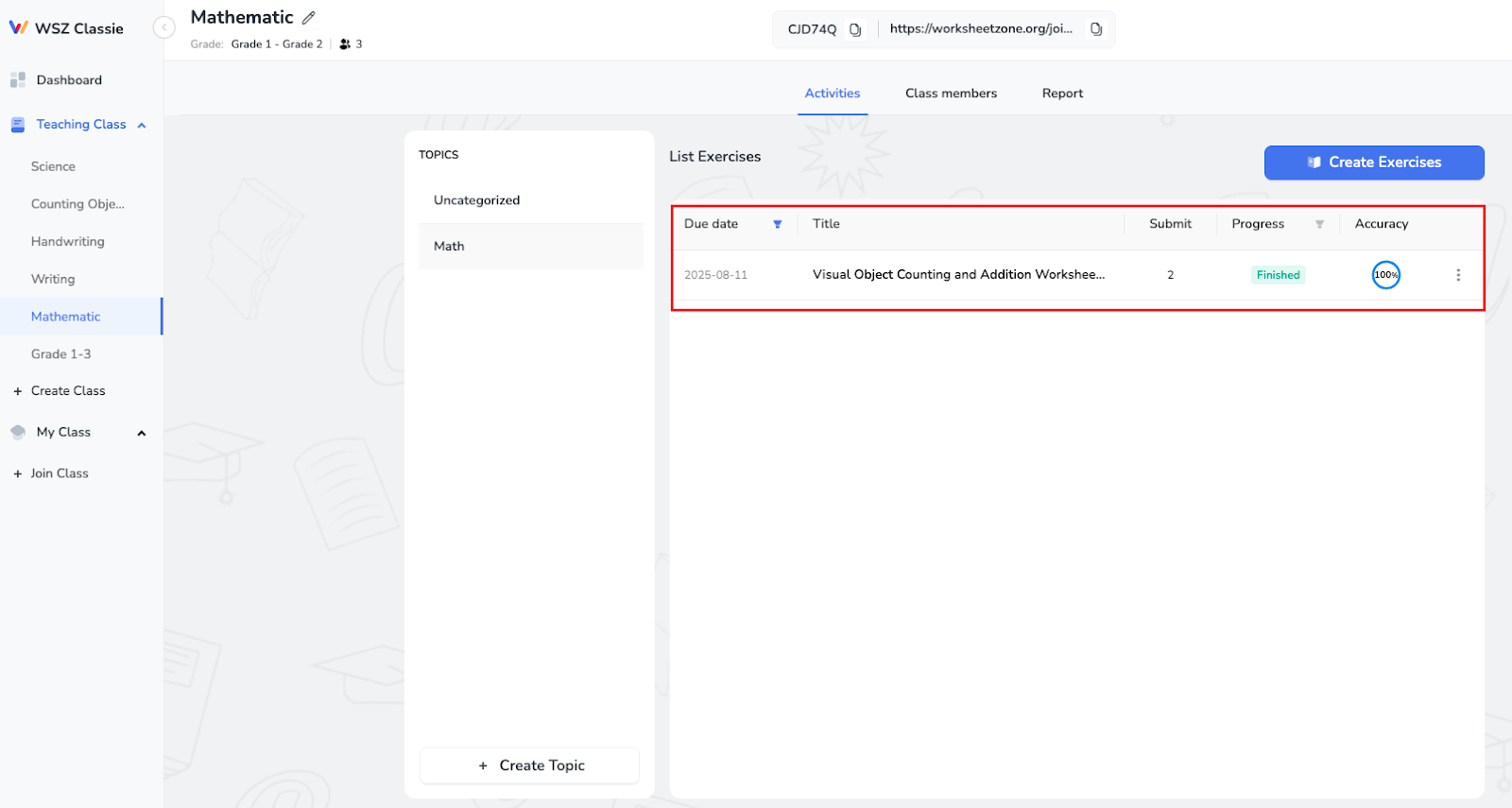 Accessing the list exercise tab