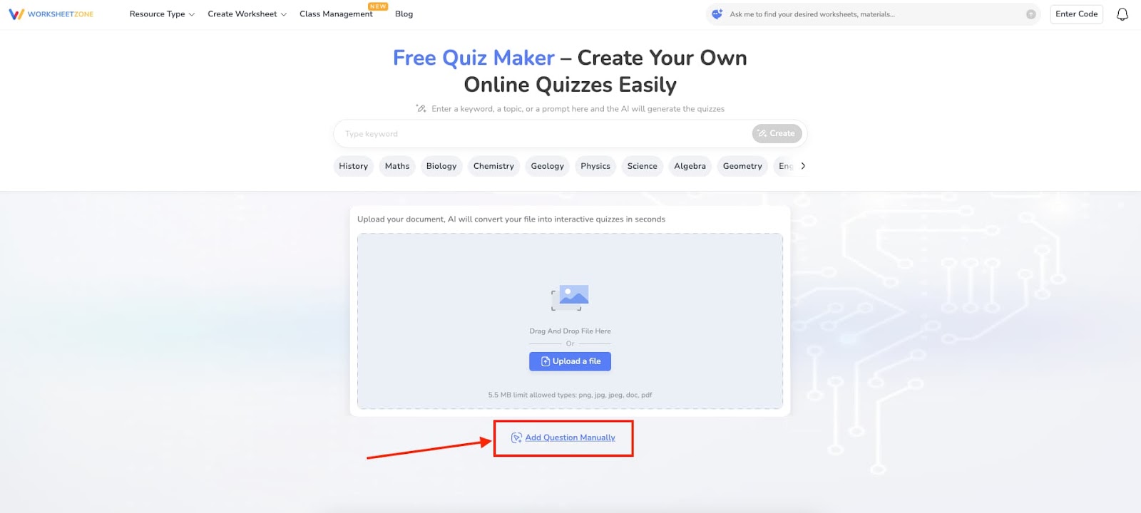 Click "Add Question Manually" from Quiz Maker landing page